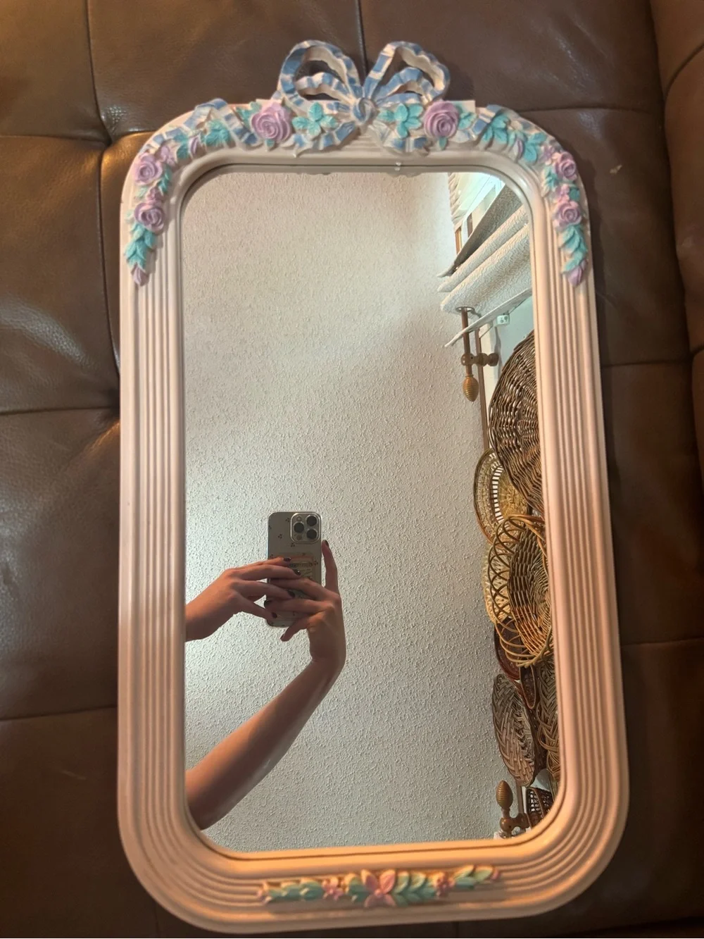 Vintage Pastel Pink Floral Bow Accent Wall Mirror
